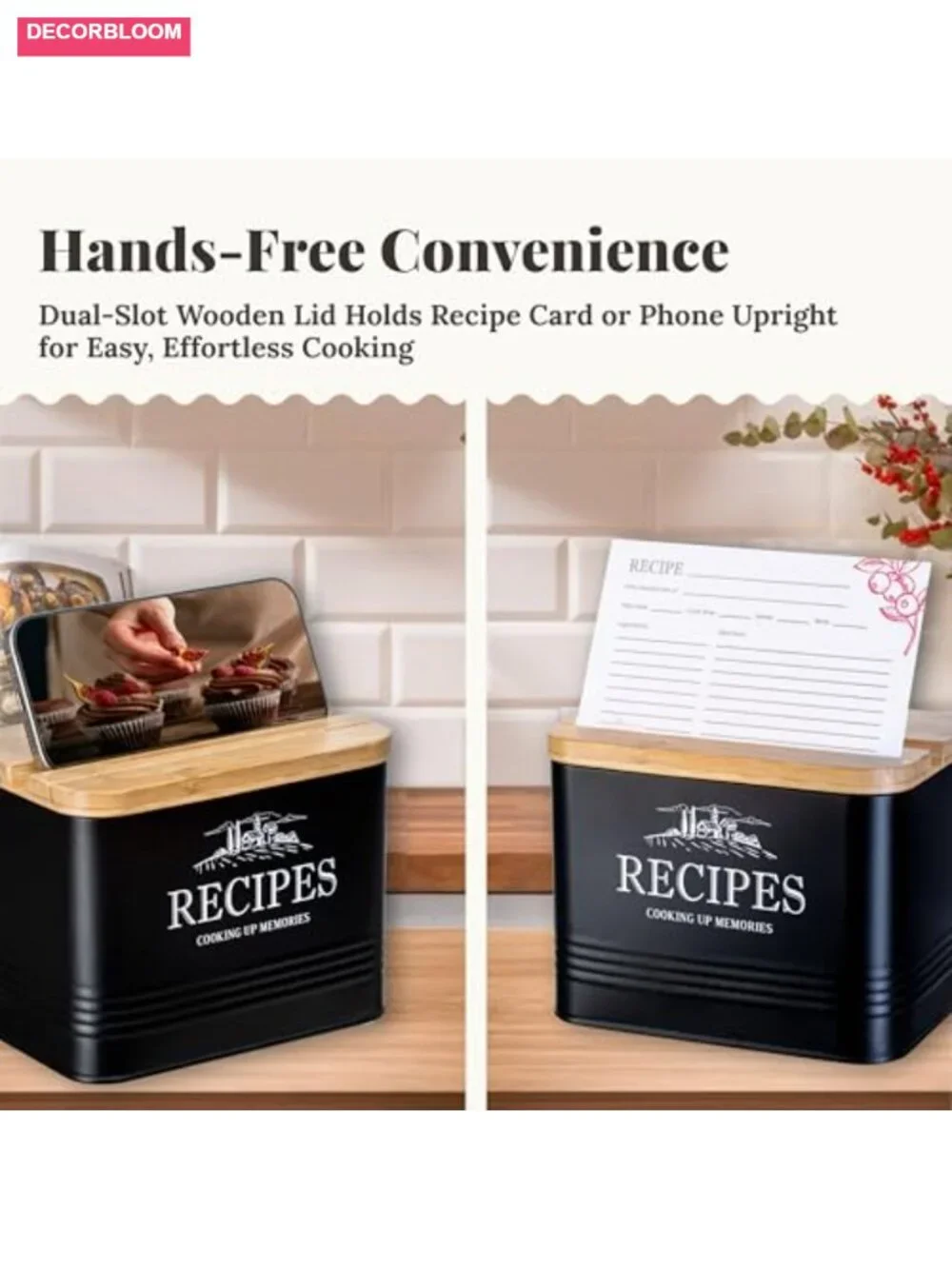 Metal Recipe Box & 3 Kitchen Canisters Set with Utensil Holder
